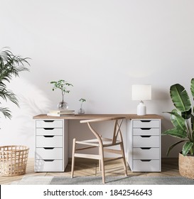 mock up wall in bright farmhouse interior background, wooden office, 3d render, 3d illustration 