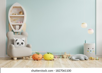 Mock up wall in the children's room in blue color wall background .3d rendering