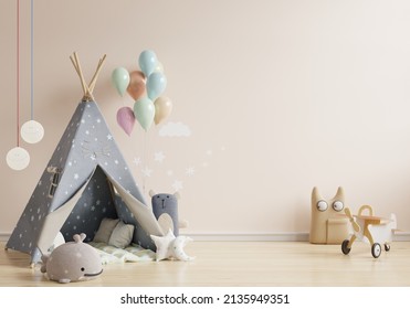 Mock Up Wall In The Children's Room With Kids Tent In Light Pink Color Wall Background,3d Rendering