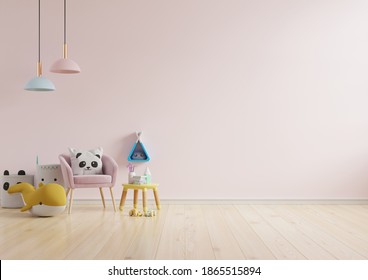Mock up wall in the children's room in light pink color wall background .3d rendering
