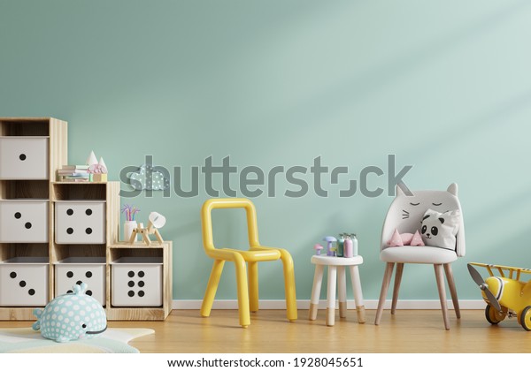 Mock up wall in the children\'s\
room in mint green color wall background.3d\
rendering