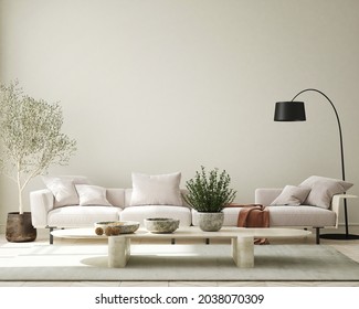 Mock Up Wall, Modern Home Interior Background, Living Room, Boho - Scandinavian Style, 3D Render, 3D Illustration