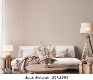 : Mock Up Wall In Modern Interior Background, Neutral Wooden Living Room With Dried Plant And Home Decor, 3d Render, 3d Illustration