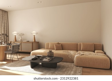 Mock up wall in modern interior background. Neutral wooden livingroom with dried flowers and home decor. 3d rendering. High quality 3d illustration. 3D Illustration - Powered by Shutterstock