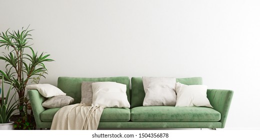 Mock Up Wall With An Olive Green Sofa In Modern Interior Background, Living Room, Scandinavian Style, Ultra Wide Close-up, 3D Render, 3D Illustration