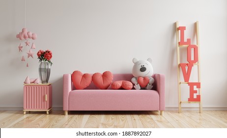 Mock Up Wall Valentine Room Modern Interior Have Sofa And Home Decor For Valentine's Day,3D Rendering