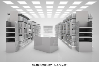 Mock Up White Interior Super Market Composition Of The Two Stands Displays And Pallets 3d Render
