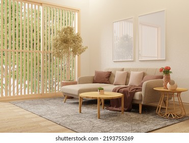 Mock Up White Wall, Picture-framed House In A Scandinavian-style Living Room With A Beige Sofa Set.3d Rendering