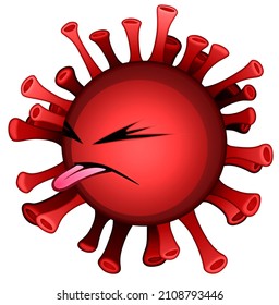 Mocking Influenza Cartoon Virus Icon. Disgusted Red Coronavirus Isolated Illustration. Sars Virion Symbol On White Background. Flu Pandemic Image. Queasy Covid-19 Virus Particle Emoticon.