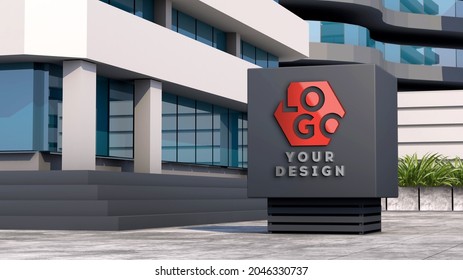 Mockup 3d logo facade sign standing in front of modern building 