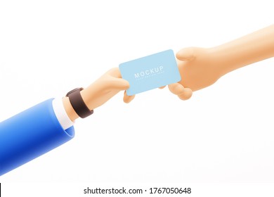 Mockup 3d render man gives a business card to another person's hand 3d render illustration. Modern design for business financial marketing banking web concept cartoon illustration. Mockup 3d render