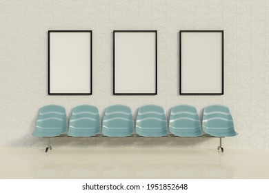 Mockup Of Advertising Frames In A Waiting Room With A Row Of Seats. 3d Rendering