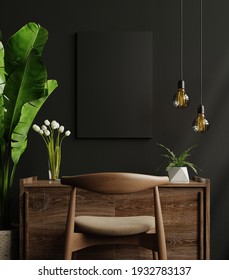 Mockup Black Frame On Work Table In Living Room Interior On Empty Dark Wall Background,3D Rendering