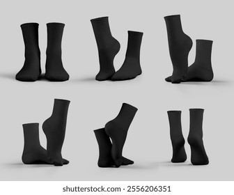 Mockup of black medium socks 3D rendering, foot wear, for design, branding, front, side, back view. Template of trendy average gaiters on tiptoes, isolated on background. Set of stylish sports clothes - Powered by Shutterstock