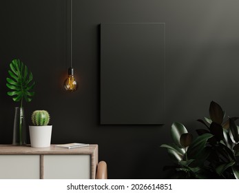 Mockup Black Poster In Living Room Interior On Empty Dark Wall Background,3D Rendering