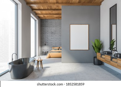 Mockup Blank Canvas In Grey Living Room With Luxury Bathtub And Two Sinks, Bed Against Brick Wall. Open Space Studio With Big Windows, Apartment Studio 3D Rendering, No People