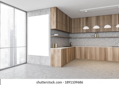 Mockup Blank Canvas In Light Wooden And Concrete Kitchen Corner Set With Lamps And Appliances, Side View. Blank Frame In Kitchen Room With Big Window, 3D Rendering No People