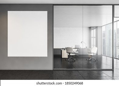 Mockup Blank Canvas On Grey Wall Near Office Private Room With Table And Laptop, Leather Chairs And Large Window. White Brick Wall In Separate Office Room With Furniture 3D Rendering, No People