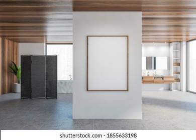 Mockup Blank Canvas In White Wooden Bathroom With Two Sinks, Big Shelf And Large Mirror Near Big Window. Open Space Bathroom With Black Panel Wooden Screen 3D Rendering, No People