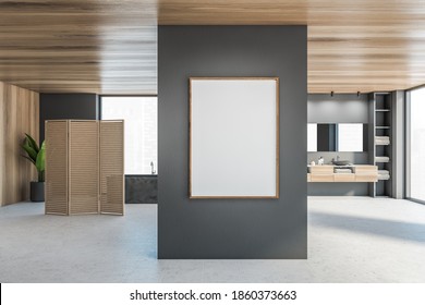 Mockup Blank Canvas In Wooden Grey Bathroom With Two Black Sinks, Big Shelf And Large Mirror Near Big Window. Open Space Bathroom With Panel Wooden Screen In Flat 3D Rendering, No People