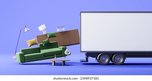 Mockup blank delivery van with flying home furniture, sofa, drawer and decoration. Concept of shipping company, moving house and delivery. 3D rendering illustration