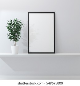 Mockup Of Blank Frame Poster And Green Flower On The Shelf. 3d Rendering