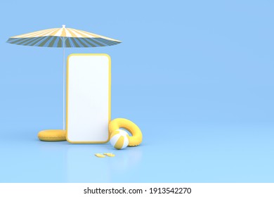 Mockup Of Blank Screen Smart Phone With Umbrella And Beach Staff, Summer Concept, Minimal Scene. 3D Rendering.