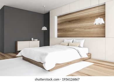 Mockup Blank Space Above White Bed With Linens And Pillows, Carpet And Parquet Floor, Side View. Wooden Bedroom With Drawer And Lamps, 3D Rendering No People