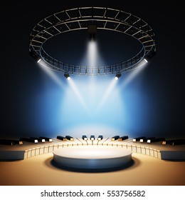 Mockup Of Blank Template Layout Of White Jazz Or Classic Music Stage Illuminated By Spotlights. 3d Render Illustration. Scene Is Empty To Place Your Text, Logo Or Object.