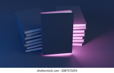 Mockup Of A Book On A Table With An Empty Cover, Close-up Of A Stack Of Books On A Dark Blue Solid Background And Purple Light With A Place For Text, 3d Rendering