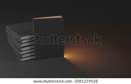 Mockup of a book on a table with an empty cover, close-up of a stack of books on a dark solid background with a place for text, the concept of obtaining knowledge and education, 3d rendering