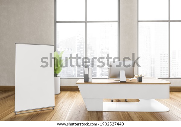 Mockup canvas board in wooden\
business office, table with computer. Business wooden minimalist\
consulting room with large window, 3D rendering no\
people