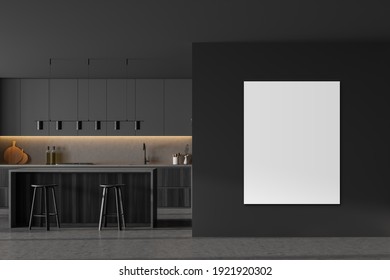 Mockup Canvas Copy Space In Grey Kitchen Room With Table And Two Bar Chairs, Marble Floor. Kitchen Open Space Room, Wooden Black Furniture, 3D Rendering No People