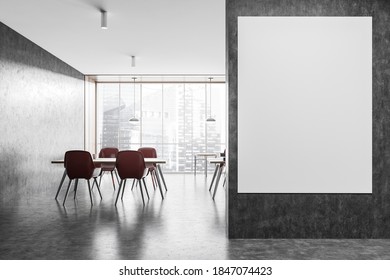 Mockup Canvas In A Dark Grey Office Room With Tables And Red Chairs, Dark Grey Floor With A Large Windows With Skyscrapers View. 3D Rendering Of A Minimalist Office, No People