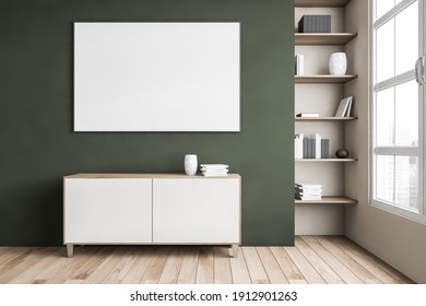 Mockup Canvas Frame Above Commode, Green Wall And Parquet Floor. Bookshelf With Vase And Books In The Corner Near Window, 3D Rendering No People