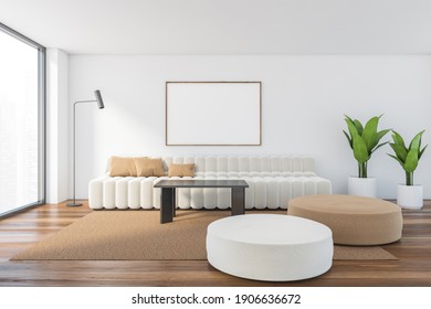 Mockup Canvas Frame In Beige Light Living Room With Large White Sofa With Pillows, Plants And Cushions On The Wooden Parquet Floor, 3D Rendering No People