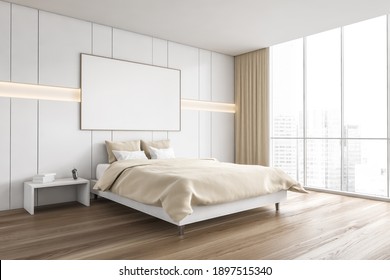 Mockup Canvas Frame In Beige And Wooden Bedroom, White Bed With Pillows And Linens, Side View. Minimalist Sleeping Room With Wardrobe And Parquet Floor, 3D Rendering No People