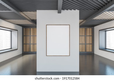 Mockup Canvas Frame In Black And Wooden Large Empty Office Room In Business Centre With Windows. Grey Hall, Large Space With No Furniture, 3D Rendering No People