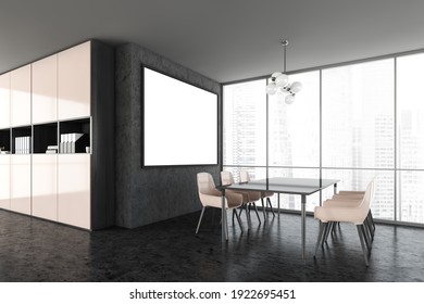 Mockup canvas frame in black and wooden room with many chairs in office on marble floor, side view. Black table and beige chairs near window with city view, 3D rendering no people