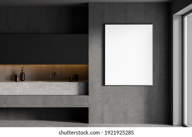 Mockup Canvas Frame Dark Grey Bathroom With Sink And Mirror, Front View. Minimalist Dark Grey Design Of Modern Marble Floor Bathroom 3D Rendering, No People