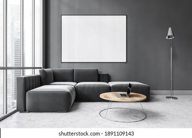 Mockup Canvas Frame In Dark Living Room With Large Window, Black Corner Sofa And Coffee Table With Laptop. Sofa On Marble Floor And Lamp, 3D Rendering No People