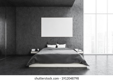 Mockup Canvas Frame In Grey Bedroom, Bed With White Pillows And Grey Linens, Front View. Mirror Wardrobe And Grey Wall, Window With City View, 3D Rendering No People