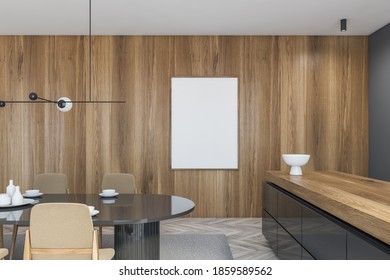 Mockup Canvas Frame In Grey Wooden Dining Room With Grey Parquet Floor And Bar Counter. Oval Table With Dishes And Chairs, Black Wooden Counter Desk, 3D Rendering No People