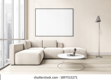 Mockup Canvas Frame In Light Living Room With Large Window, White Corner Sofa And Coffee Table With Laptop. Sofa On Parquet Floor And Lamp, 3D Rendering No People
