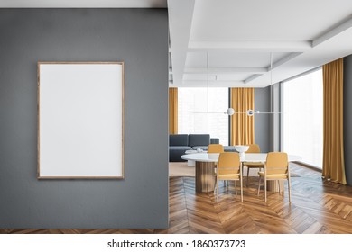 Mockup Canvas Frame On Grey Wall In Living Room With Yellow Chairs, White Table And Grey Sofa On Background. Large Windows In Big Hall With Yellow Curtains And Parquet Floor, 3D Rendering No People