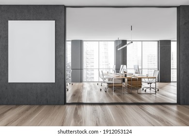 Mockup Canvas Frame On Grey Wall Near Wooden Office Room, Computers And Table Near Window With City View. Office Room With Furniture 3D Rendering, No People