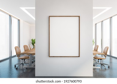 Mockup Canvas Frame In White And Grey Office Conference Room With Table, Leather Chairs And Windows. Wooden Minimalist Furniture And Plants, Grey Floor. 3D Rendering, No People