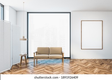 Mockup canvas frame in white hall with beige sofa and small table with bottles, wooden white screen with window. Minimalist hall with wooden floor, 3D rendering no people