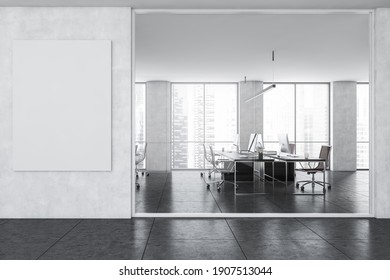 Mockup Canvas Frame White Wall Near Light Grey Office Room, Computers And Table Near Window With City View. White Office Room With Furniture 3D Rendering, No People