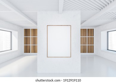Mockup canvas frame in white and wooden large empty office room in business centre with windows. White hall, large space with no furniture, 3D rendering no people